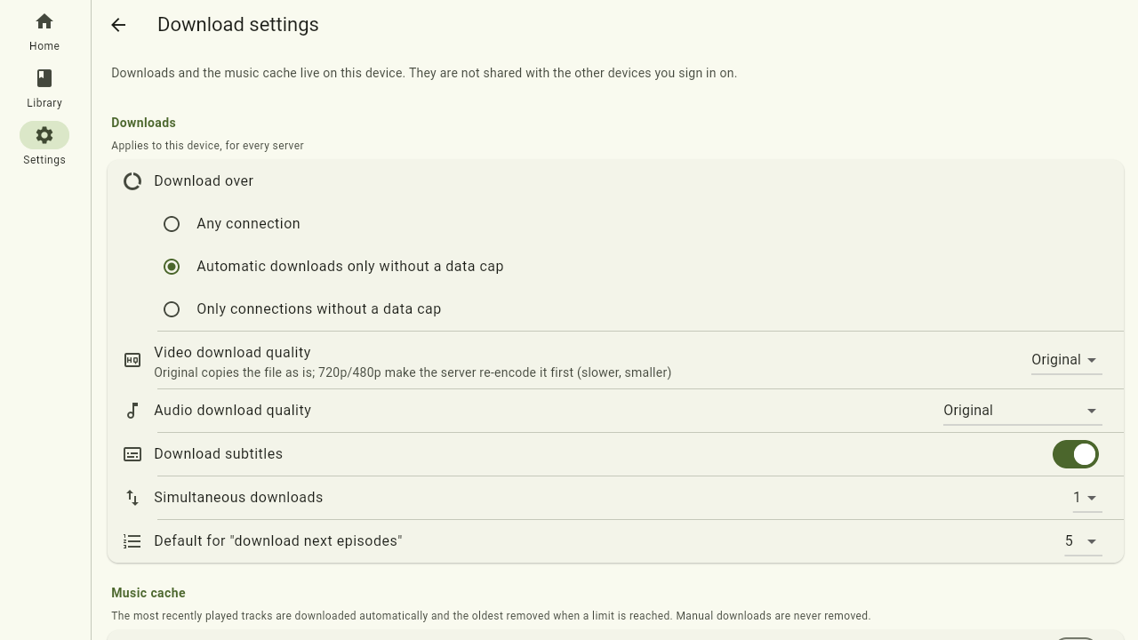 The download settings page