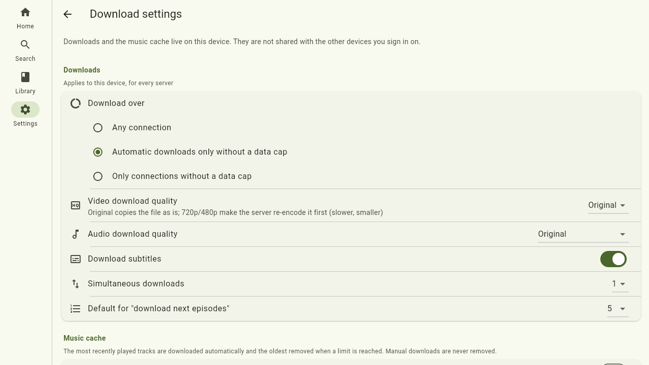 The download settings page