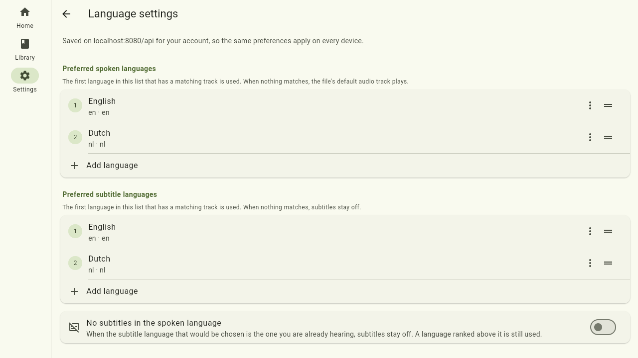 The language preferences page