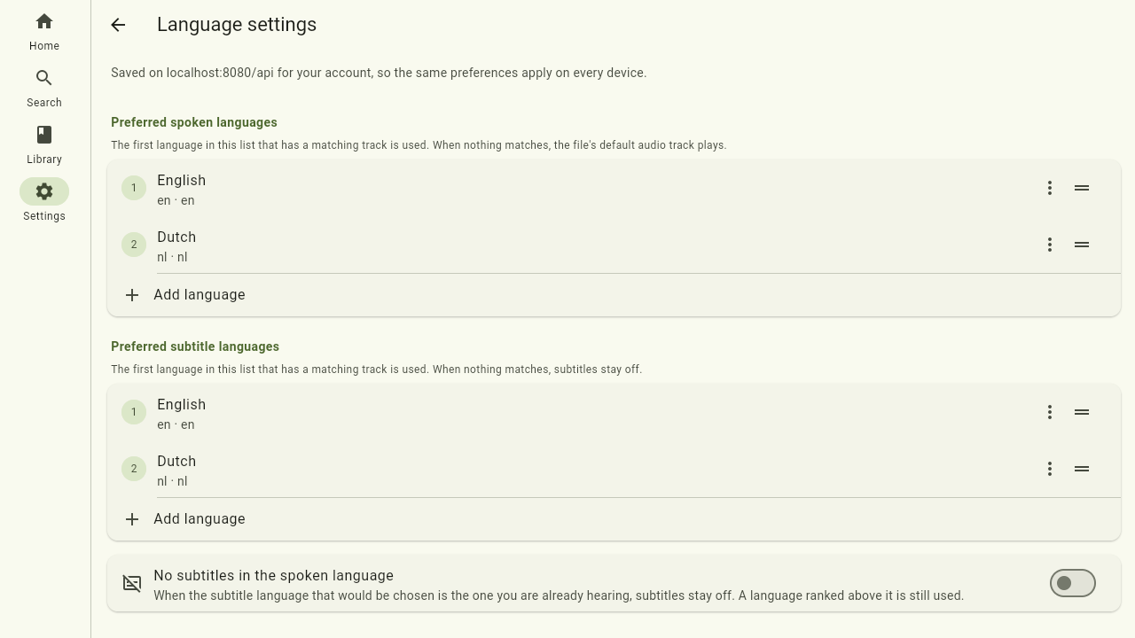 The language preferences page