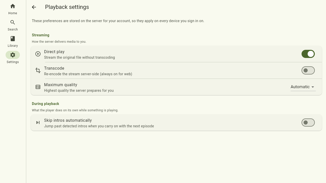 The playback settings page
