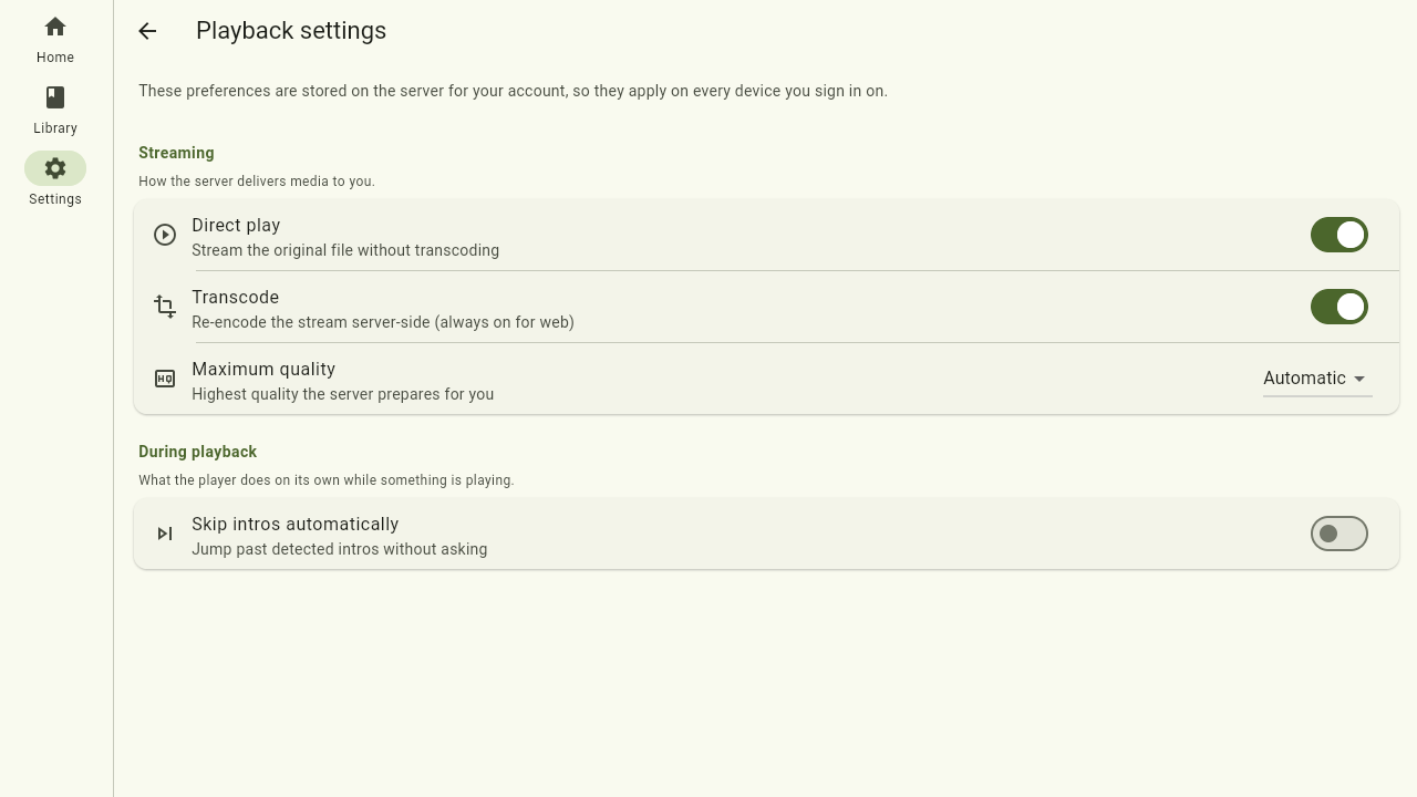 The playback settings page