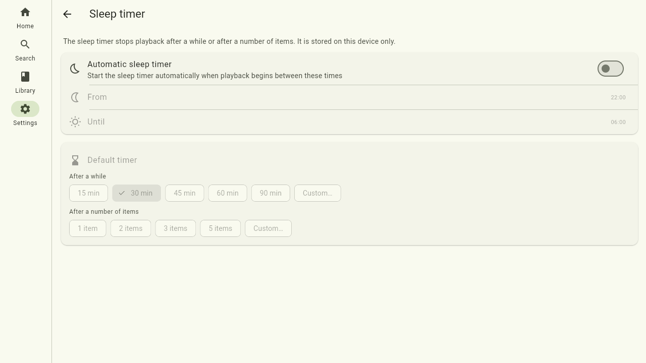 The sleep timer page
